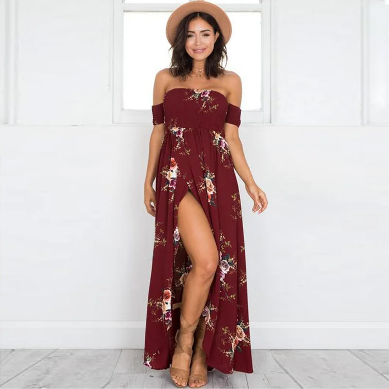 Женское шифоновое длинное платье с цветочным принтом и открытыми плечами
