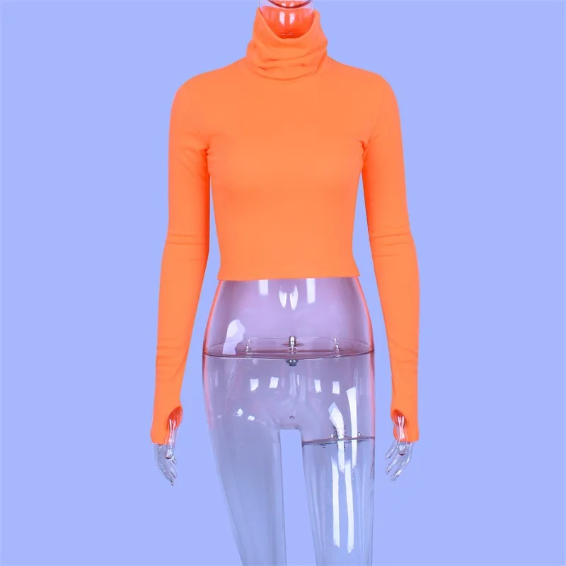 Orange Aonibeier осенне-зимние женские футболки с высоким воротом, флуоресцентные цветные футболки с длинным рукавом, облегающие Женские топы с отверстием для пальцев - Цвет: Orange
