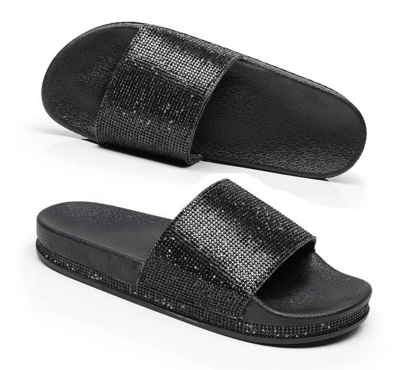 Women Slides Casual Fashion Babouche Sequined Crystal Rhinestone Peep Toe Thicken Soled Slipper Sandals Flat Loafers Shoes T629 | Обувь