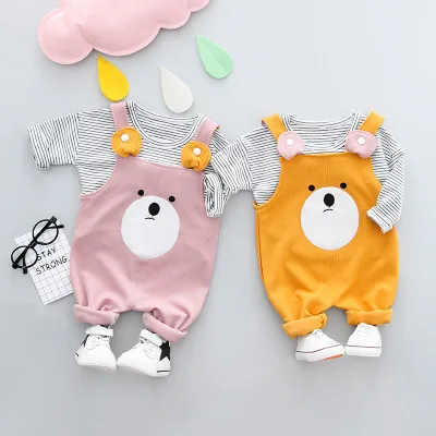 Boys and girls spring new cartoon bear bib suit 0-3 years old baby striped | Детская одежда и обувь