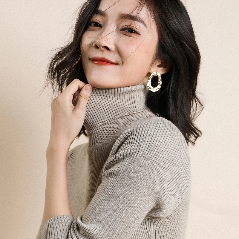 Женский кашемировый свитер JECH однотонный облегающий джемпер с высоким воротом