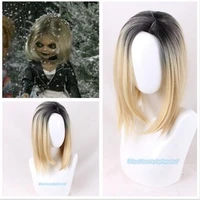 halloween bride of chucky women tiffany blonde omber black wig role play jennifer tilly cosplay middle parting hair wig cap