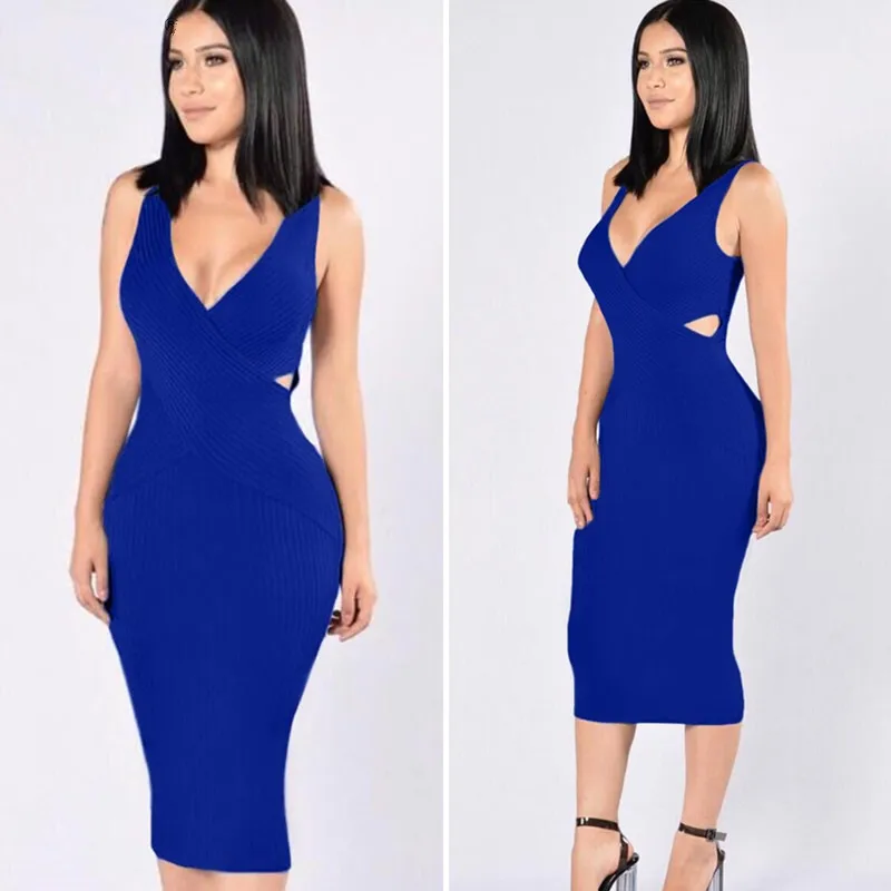 2017 Весна Хлопок Глубокий V Шеи Без Рукавов Трикотажные Вырезать Bodycon Бальные