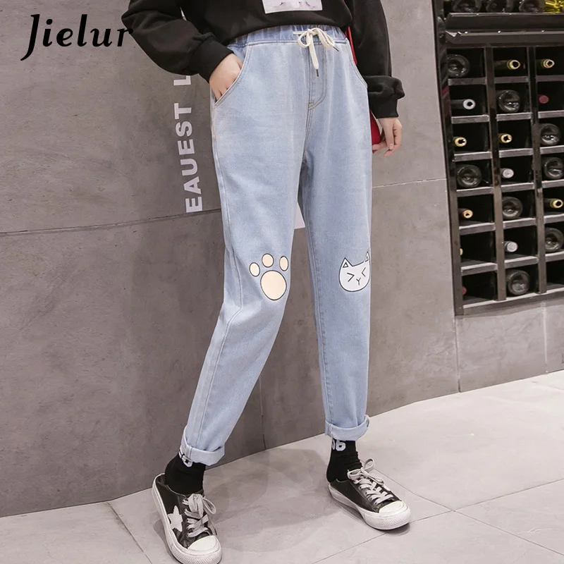 Light blue Jielur свободные женские джинсы больших размеров с завышенной талией шикарные милые джинсовые штаны с принтом кота для леди модные синие джинсы женские - Цвет: Light blue