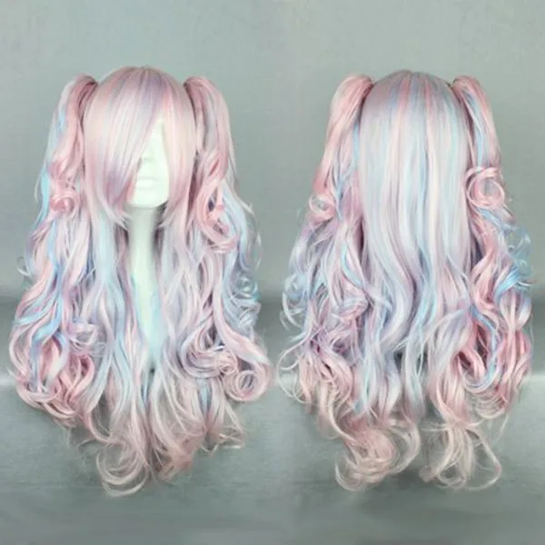 MCOSER Аниме Новая Мода 70 см Длинные Голубые Смешанные Розовый Волнистые Ponytails