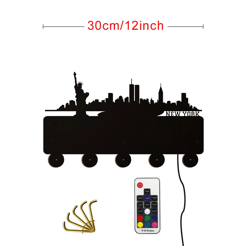 With LED Нью-Йорк, светодиодный деревянный настенный крючок, вешалка для ключей, ванная комната, кухня, ретро держатель, крючок, США, горизонт, вешалка для пальто, шляпа, сумка, вешалка - Цвет: With LED