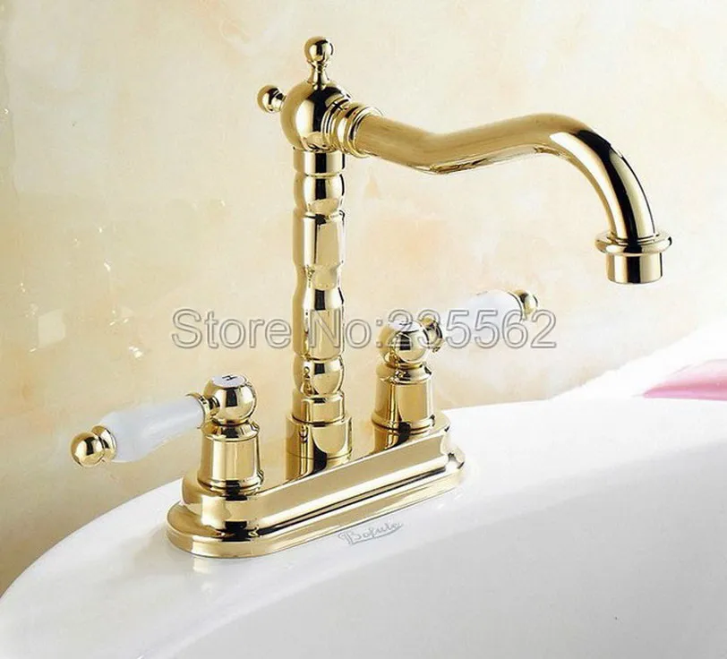 

Luxury Gold Color Brass Dual Hole Deck Mounted Faucet Kitchen Sink Mixer Bathroom Faucet Taps Dual Ceramic Handle lnf262