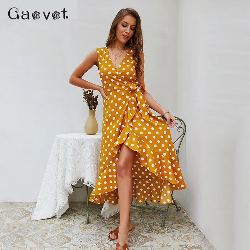 Gaovot 2019 Сексуальная рукавов горошек обёрточная бумага платье для женщин