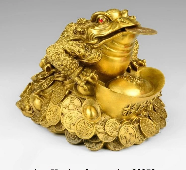 

China Brass Copper Fengshui Yuanbao Wealth Money Three Feet Golden toad Statue
