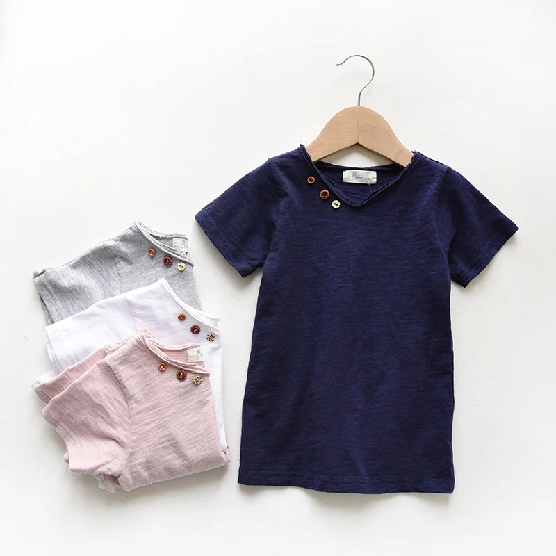 Camisetas de manga corta para ni&ntilde;os y ni&ntilde;as, Camisa de algod&oacute;n de bamb&uacute; de Color s&oacute;lido, cuello en V informal, Tops para ni&ntilde;os para verano 2018 BC088-0
