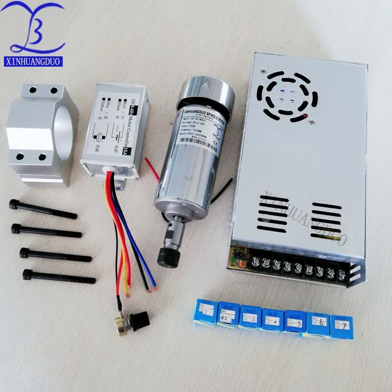 ЧПУ шпиндель 48v 400W двигатель с воздушным охлаждением и высокая скорость шпинделя преобразователь питания и УФ-фильтр 52 мм с зажимом и 7 шт. er11 Цанга набор «сделай сам» для гравировки