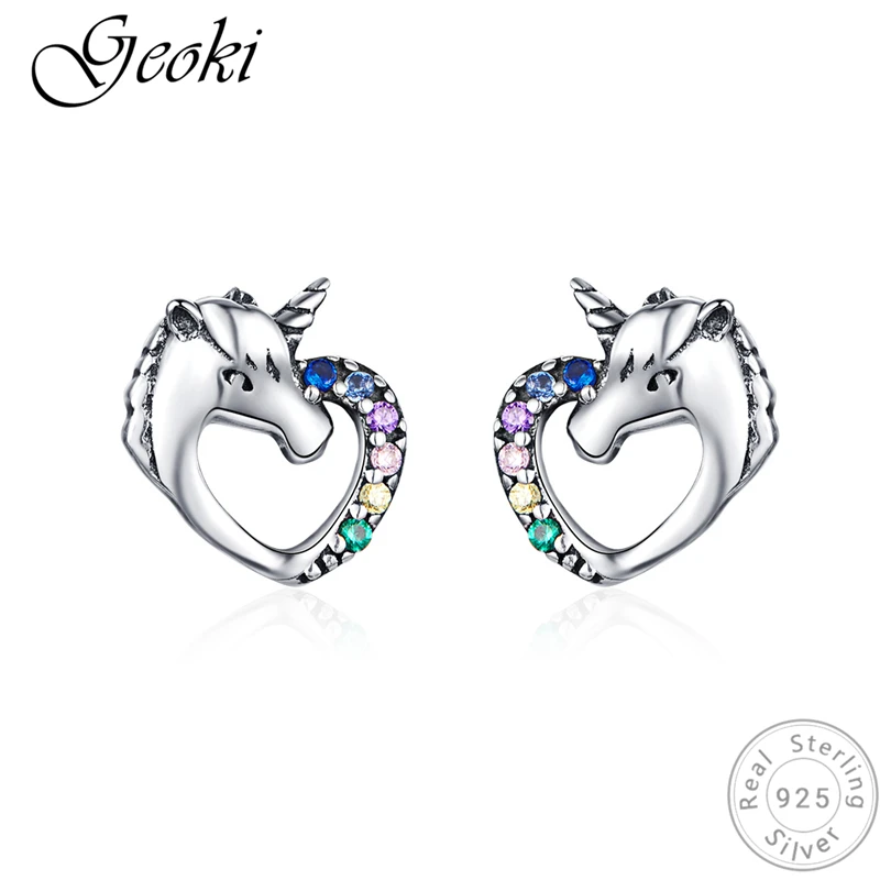 Geoki 925 пробы, серебряные, желтые и зеленые серьги-гвоздики в форме единорога с микро кубическим цирконием для девочек-подростков, роскошные ювелирные изделия