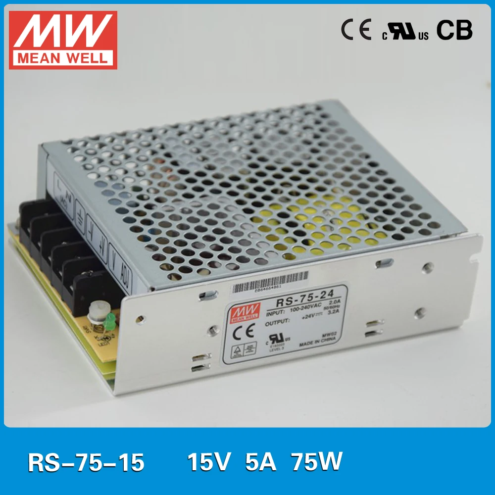 Оригинальный источник питания MEAN WELL RS 75 15 Вт 5A в Meanwell UL TUV CB EMC CE утвержденный вход 88
