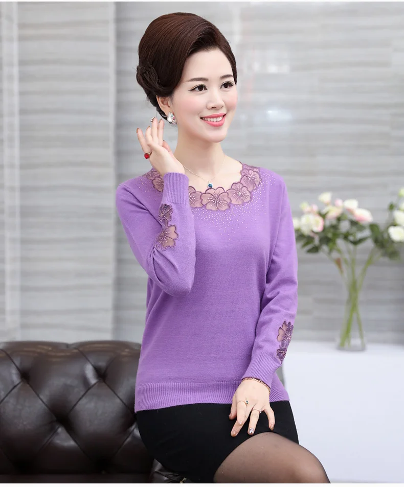 Spring Autumn New Middle-Aged Mother Pullover Sweater Fashion Lace Long Sleeves Sexy knitting Women X441 | Женская одежда