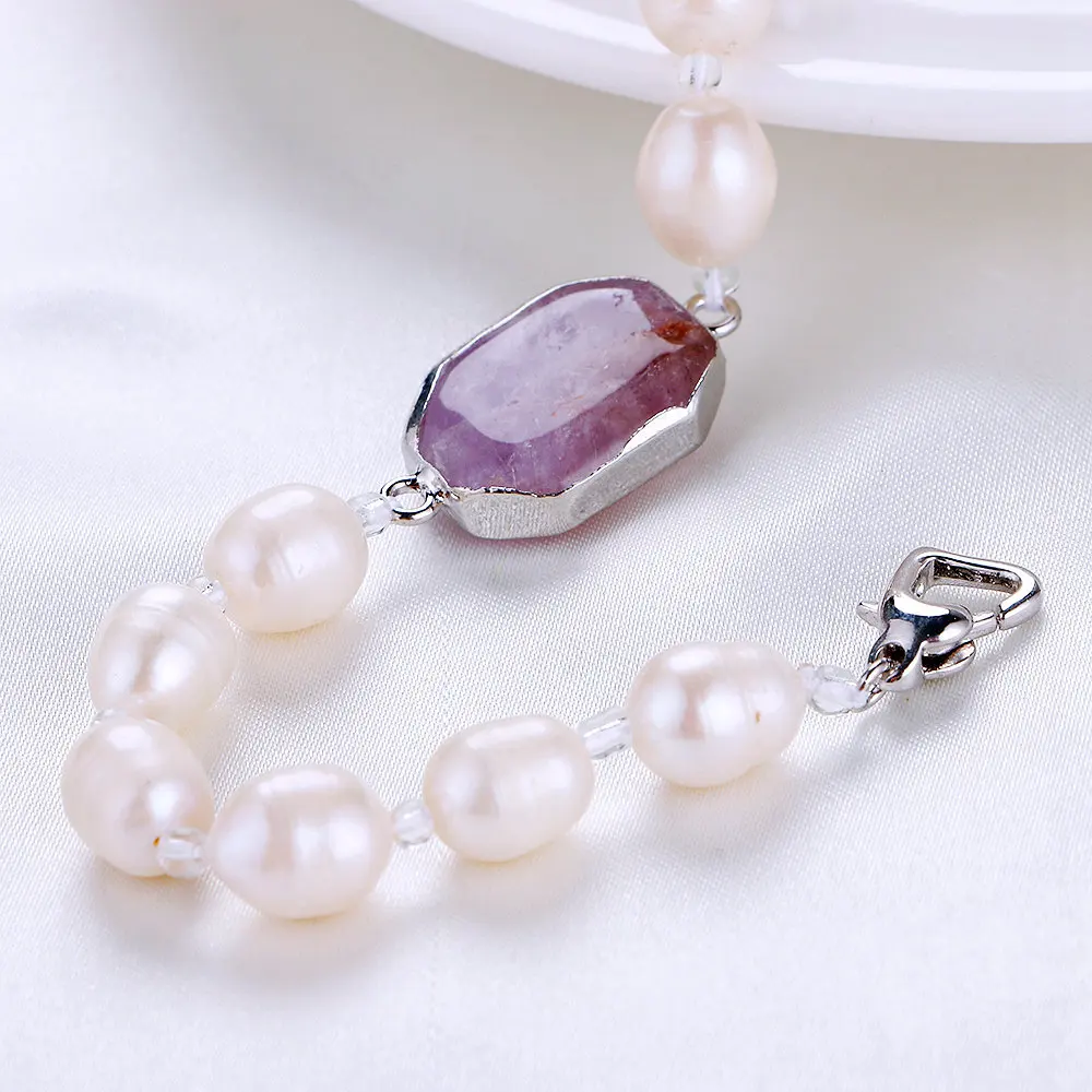 Yumten White Pearl Bracelet Strand Infinity Womens Bangle Jewelry Natural Stone Amethyst Chain Link Silver Accessories | Украшения и