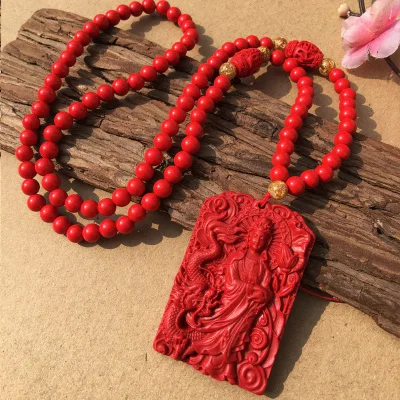 

Natural cinnabar pendant carving, dragon Goddess Pendant, lucky charm, sweater chain for men and women