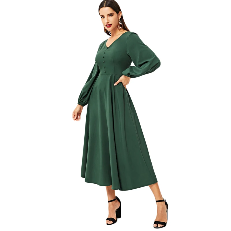 SHEIN abaya, зеленое платье с v-образным вырезом и пуговицами, рукав-фонарик, однотонное длинное платье трапециевидной формы с высокой талией,, винтажные осенние женские платья