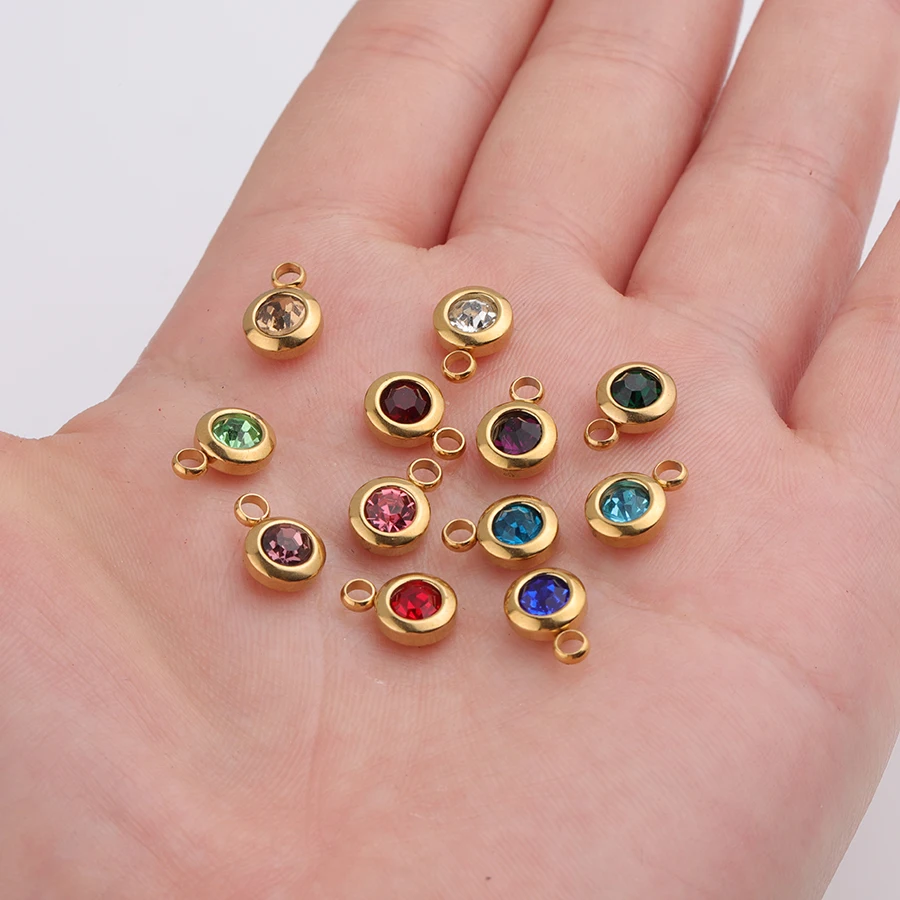

Fnixtar Gold Color Colorful Crystal Birthstone Charms Stainless Steel Round Rhinestones Charms 6.5mm 60piece/lot