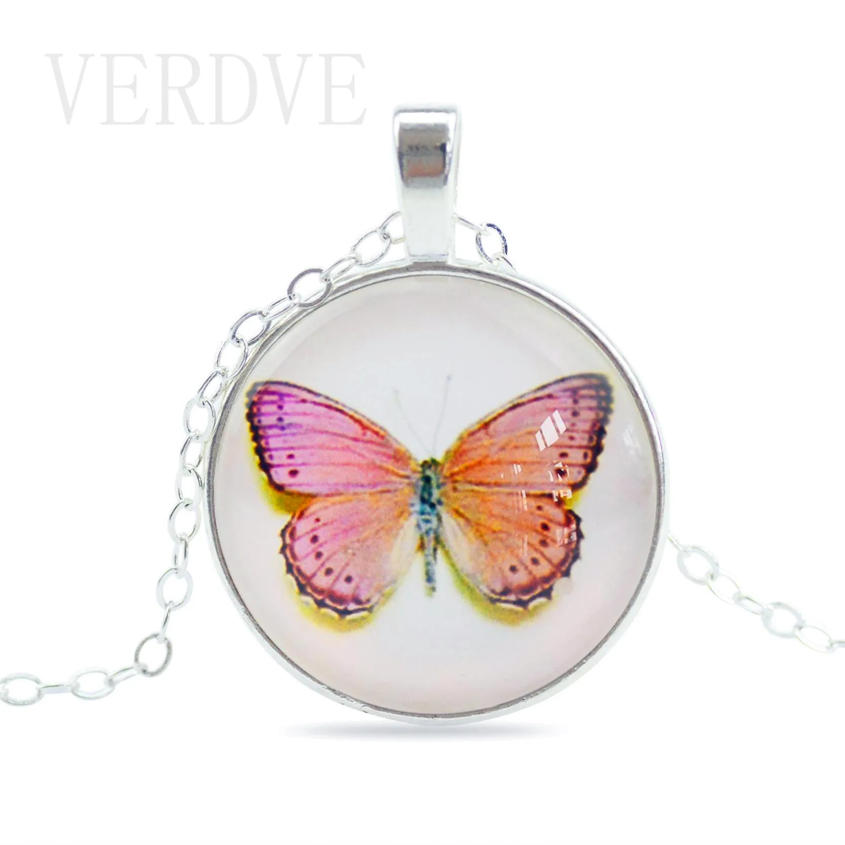 VERDVE Vintage Fine Jewelry Glass Cabochon Necklace&ampPendant Butterfly Statement Chain Necklace Silver Color Women | Украшения и
