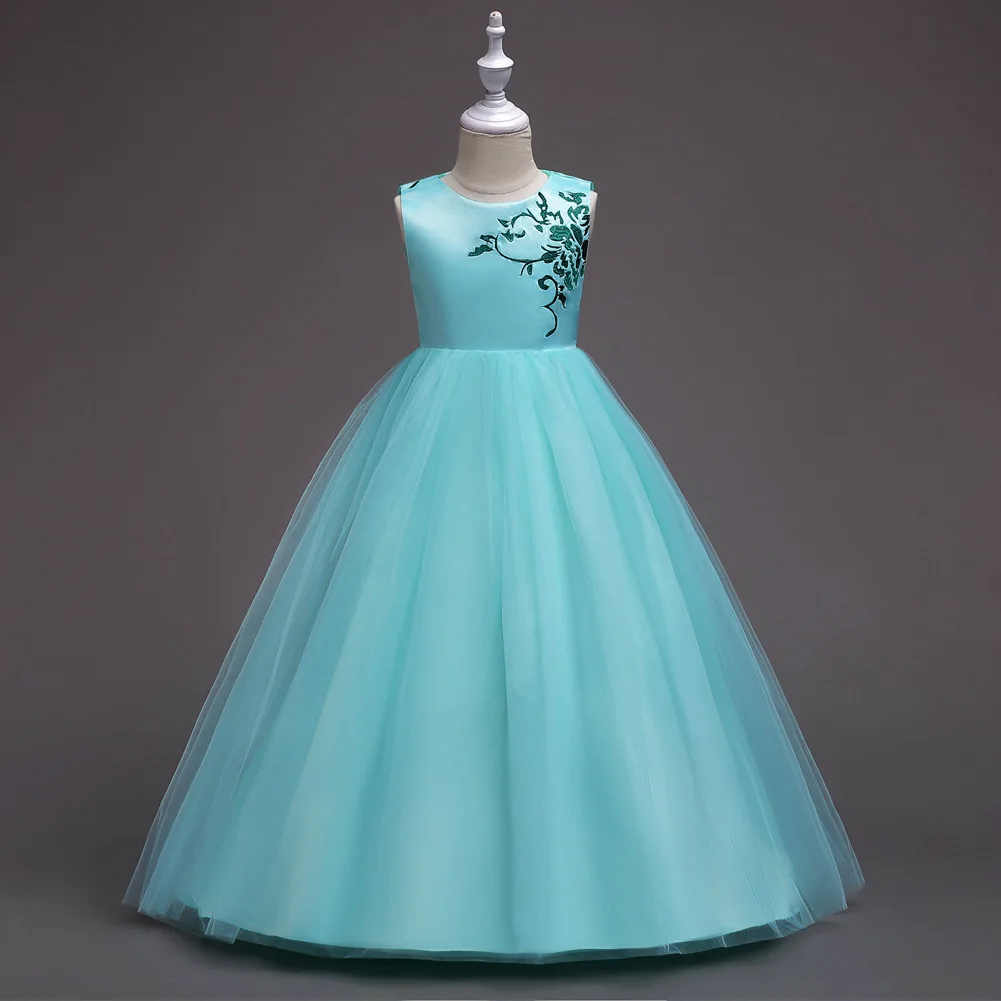 

2019 New Teenager Girls Long Pink White Sleeveless Princess Party Dress Fashion Floral Embroidery Wedding Dresses Kids Clothes