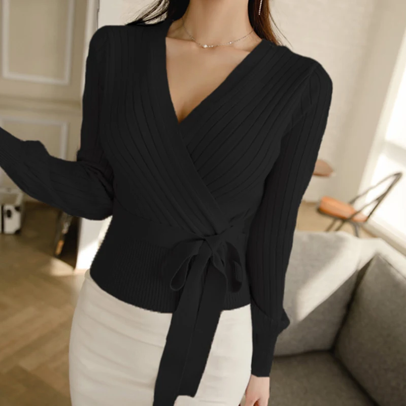 H Han Queen 2019 Spring Summer Knitted Stretch Bow Bandage Sweater Top Women Elegant Sexy Elastic Criss-cross Bottoming | Женская одежда