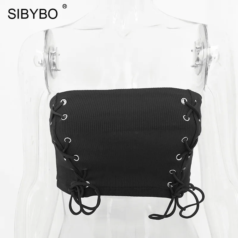 Женский топ без бретелей со шнуровкой Sibybo, повседневный короткий хлопковый укороченный топ бандажного кроя без бретелей на лето - Цвет: Черный