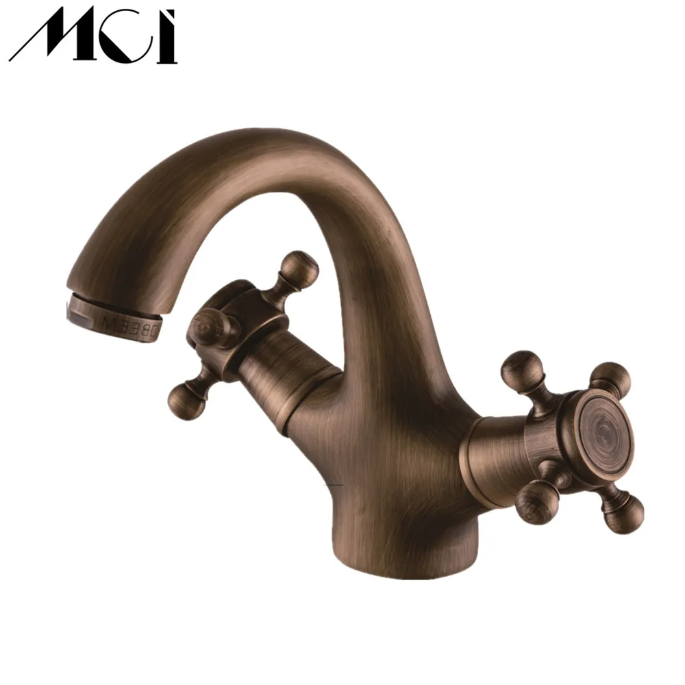 

New Bath Basin Faucet Brass Antique Hot and Cold Double Cross Head Handle Chrome Sink Deck Mounted Basin Mixer Tap Torneira Mci