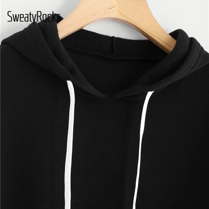 SweatyRocks Черный Повседневный с заниженным плечом на шнурке худи с отделкой с длинным рукавом однотонные топы на завязках осенние женские толстовки