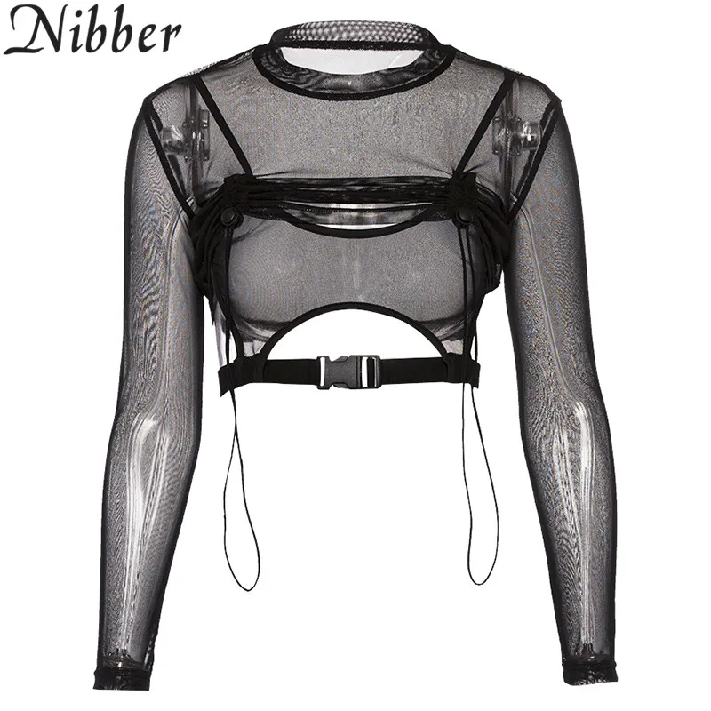 Черный Nibber Летняя женская футболка с длинными рукавами модная перспективная футболка Новая черная сексуальная открытая прозрачная рубашка с круглым вырезом - Цвет: Черный