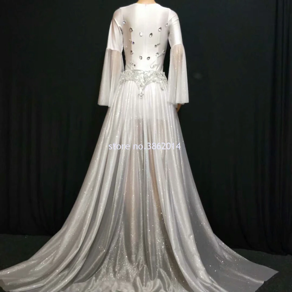 

Luxurious Rhinestones White Mini Dress Women Birthday Evening Prom Party Crystals Bodycon Dresses Female Singer Stage Outfit