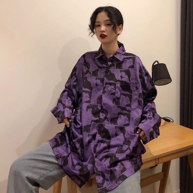 Новинка, Harajuku Ulzzang, рубашка, японский бойфренд, свободная, Ретро стиль, с принтом, длинный рукав, женские рубашки поло, рубашки в стиле хип-хоп