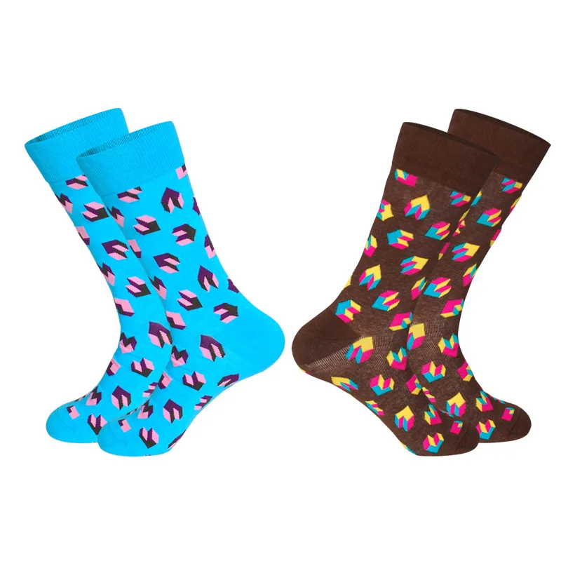 Hot Selling Spring Men Combed Cotton Socks With Striped Many-Sided Figure Art Jacquard Hit Color Long Dot Happy 2Pairs | Мужская одежда