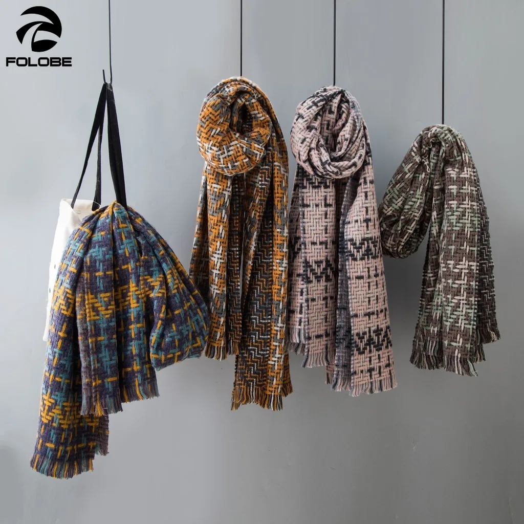 

FOLOBE Vintage Women Winter Warm Weaving Scarf 200X64cm Soft Scarves Thicken Short Tassel Multicolor Knitting Big Blanket