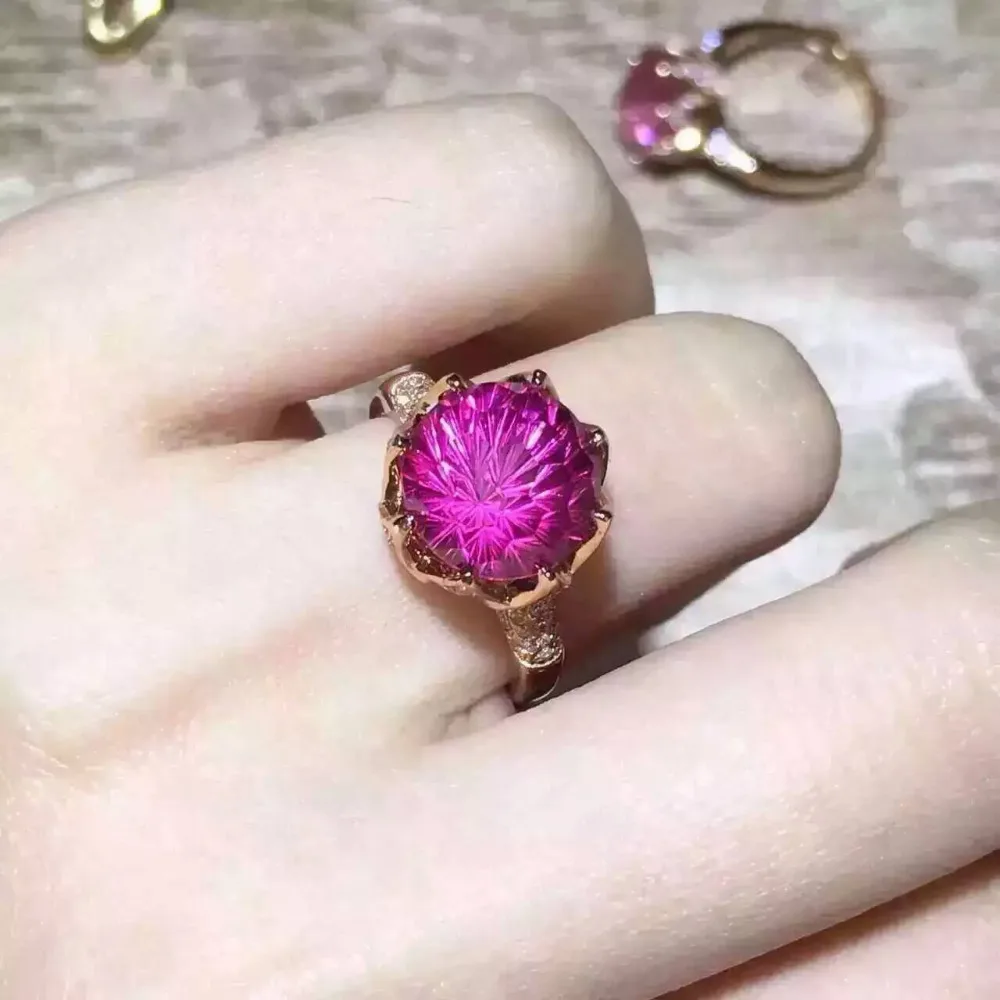 

Natural Fireworks pink topaz gem Ring Natural gemstone ring 925 sterling silver trendy round Sunflower women girl party Jewelry