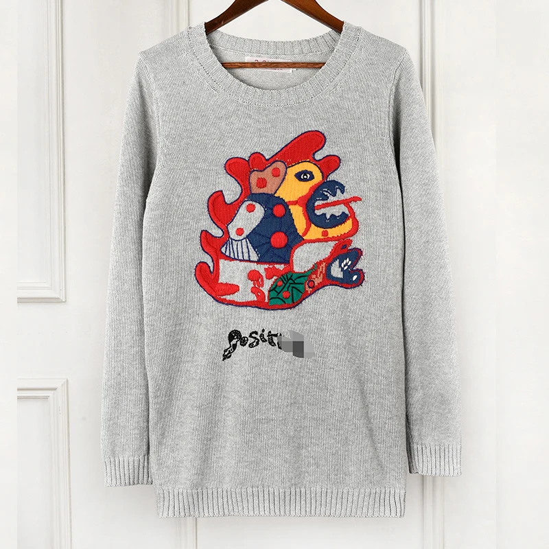 2018 Autumn Winter Luxury Monster Embroidery Sweater Pullover Women Runway Designer Long Sleeve Ladies Gray Knit Jumper Clothes | Женская