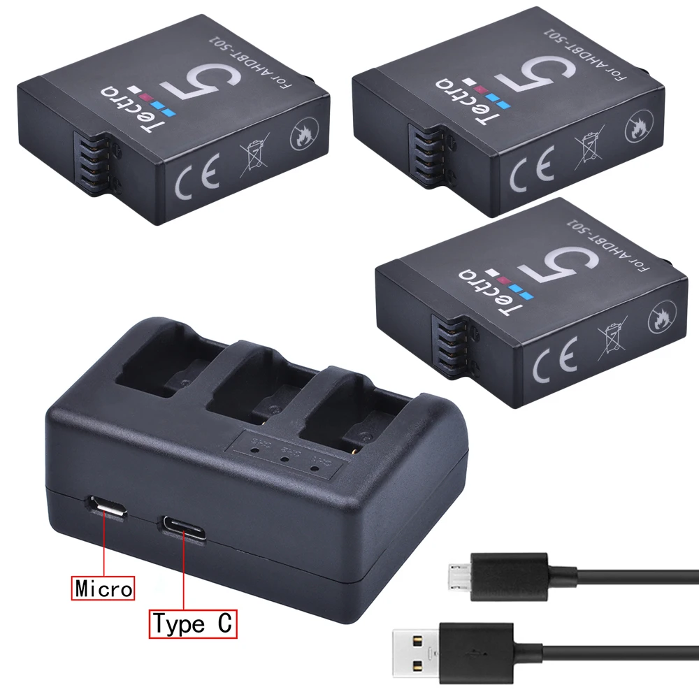 

3PCS 1600mAh AHDBT-501 AHDBT501 Go Pro Battery+3-Slot USB Charger for GoPro Hero 5 Hero 6 Sport Action Camera