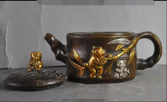 Отмеченная старинная китайская бронза позолоченная панда бамбуковый