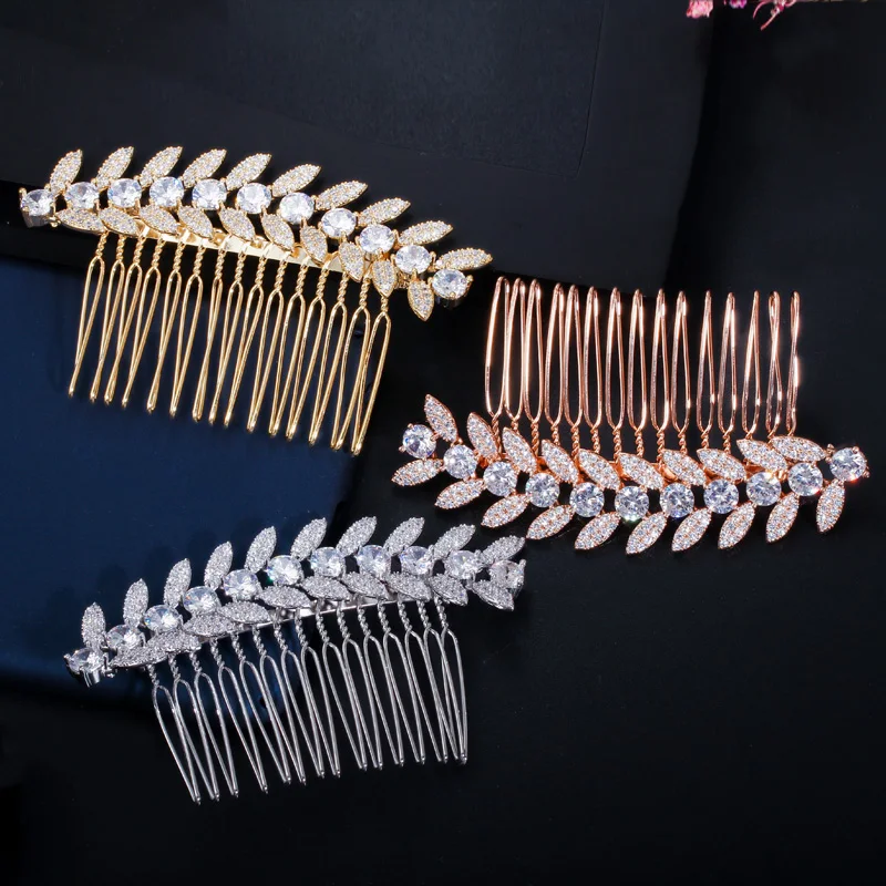 CWWZircons Luxury White Gold Color Shiny Cubic Zirconia Stone Leaf Bridal Wedding Hair Combs Pins Jewelry Accessories A011