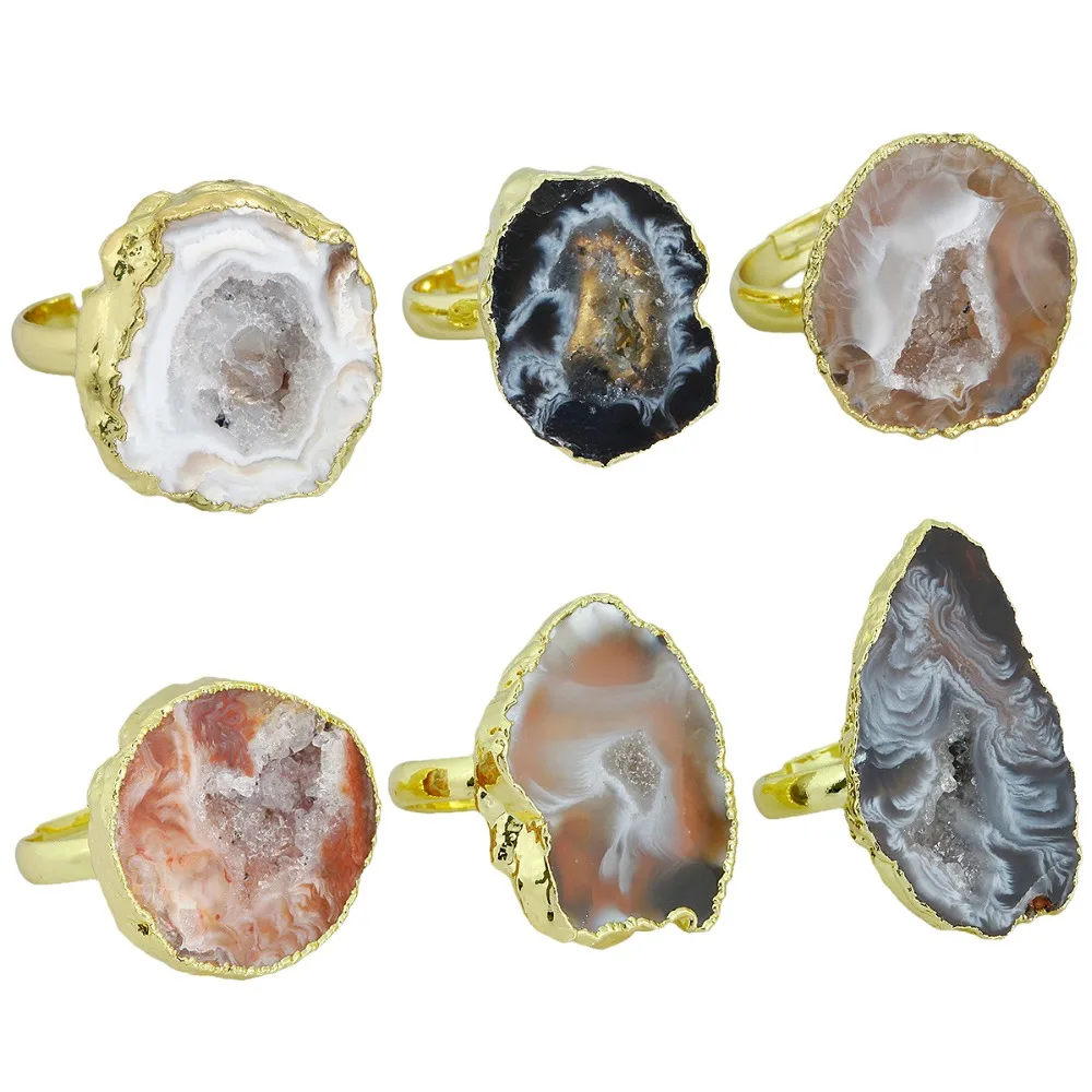 

TUMBEELLUWA 1Pc Freeform Irregular Natural Agate Geode Crystal Quartz Druzy Slice Finger Ring Gold Plated Jewelry For Women Men
