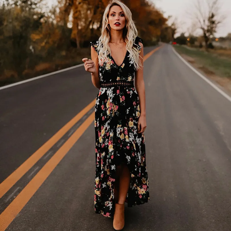 Женское платье с принтом Boho длинное Асимметричное Платье макси глубоким v