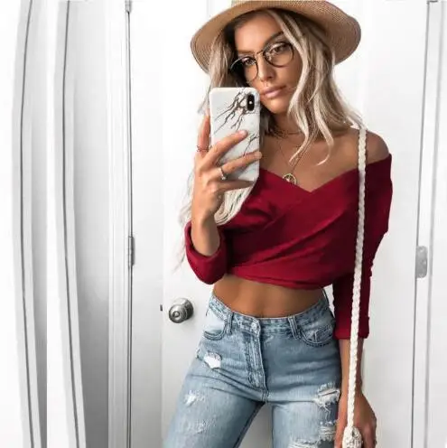 Женская женская с открытыми плечами тонкий рукав v образный вырез короткий топ