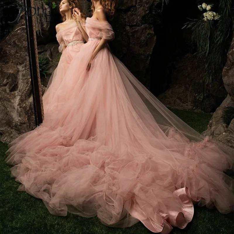 

Fairy Tulle Long Evening Dress Dusty Pink Boat Neck Off the Shoulder Prom Dress Chic Ruffles Court Train Party Gown Gala Wear