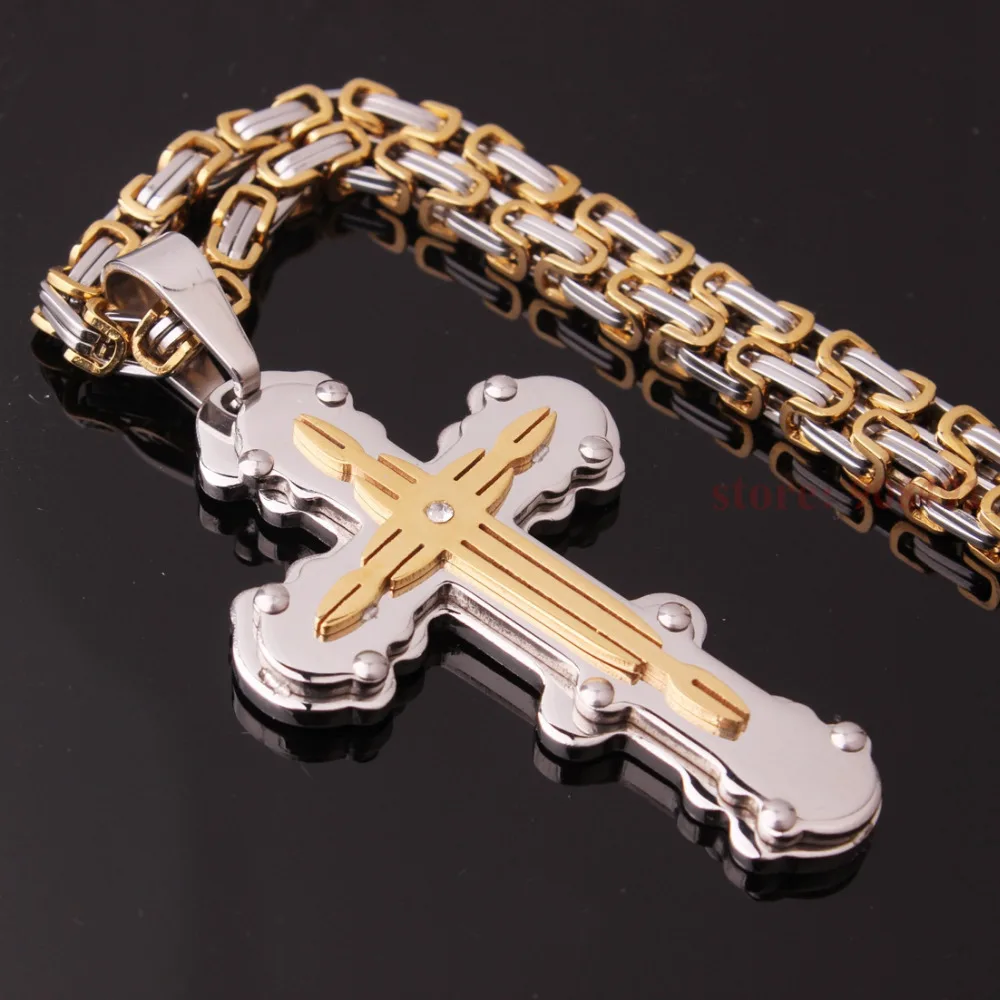 

Men Religious Silver Gold Stainless Steel Cross Pendant Byzantine Necklace