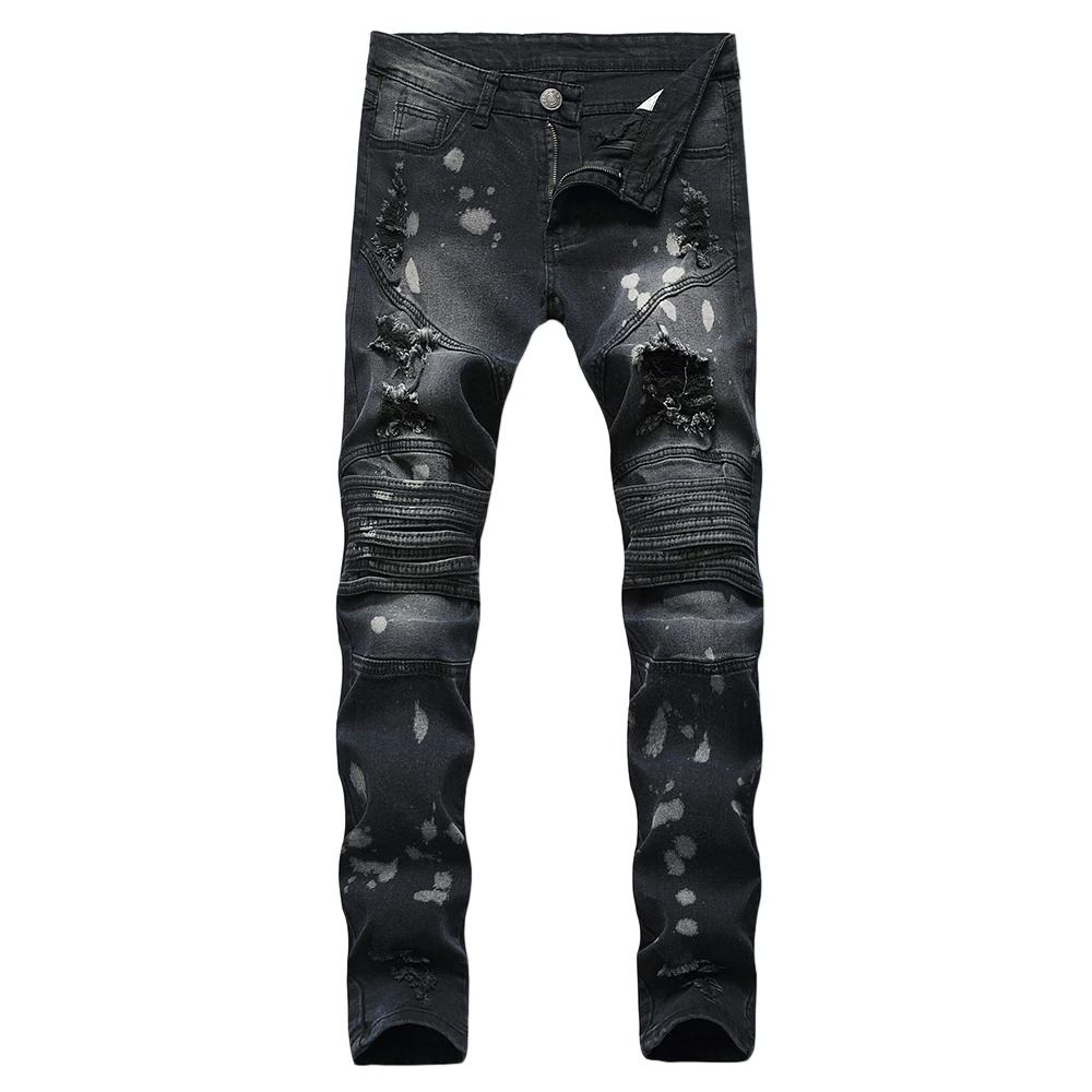 Мужские 2019 брызг краски Разрушенные Дизайн джинсы для женщин Slim Fit прямые