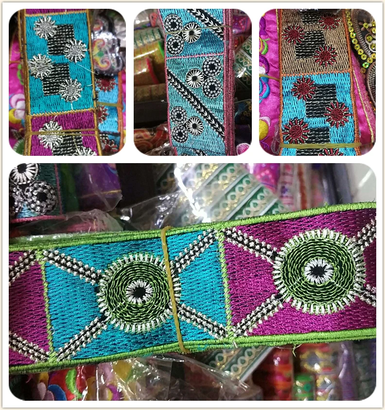 

MIX Sales 4.8CMX8Y Geometric circle webbing National wind embroidery lace Polyester Woven Jacquard Ribbon