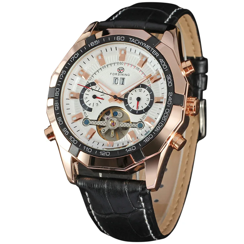 50 шт./лот 2016 FORSINING Мужчины Гент Черный Tourbillon Дата Винтаж Механические Часы DHL