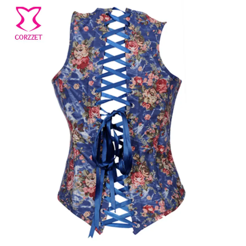 Синий цветочный джинсовый сексуальный утягивающий корсет с бретелькой через шею