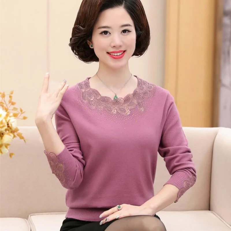 Spring sweater 2018 new Middle-aged Openwork O neck Sweater fashion Loose long sleeves Plus size 3XL winter LY744 | Женская одежда