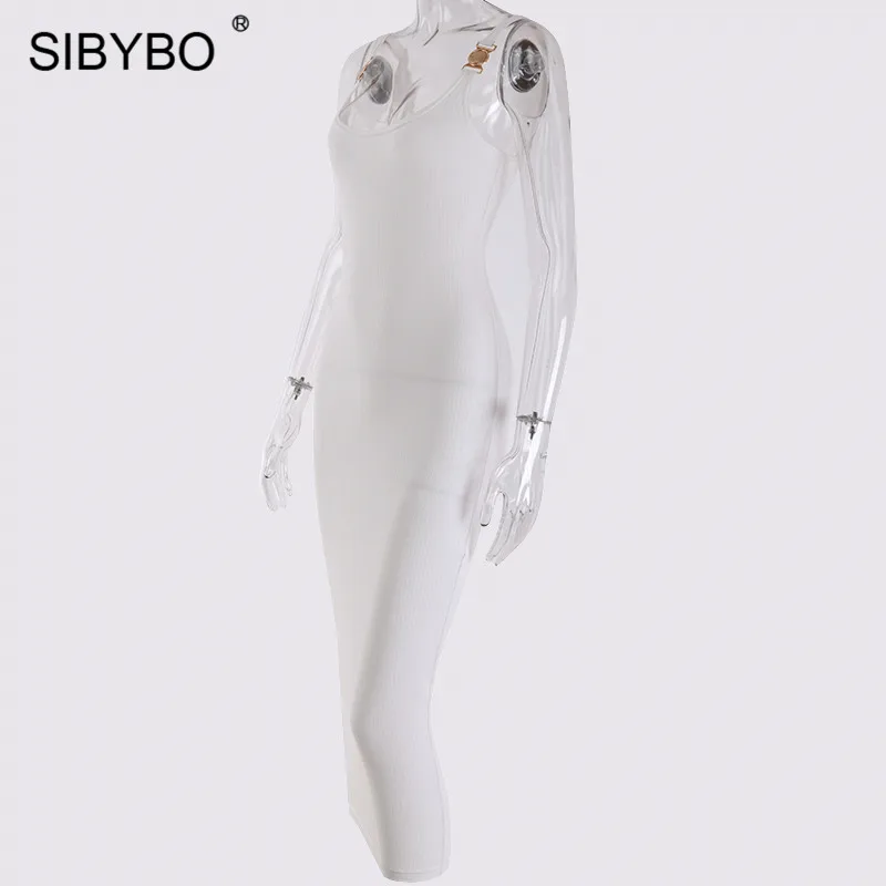 Sibybo Ребристое сексуальное облегающее платье на бретельках без рукавов с круглым вырезом, летнее женское платье с открытой спиной, Осеннее Повседневное платье для женщин