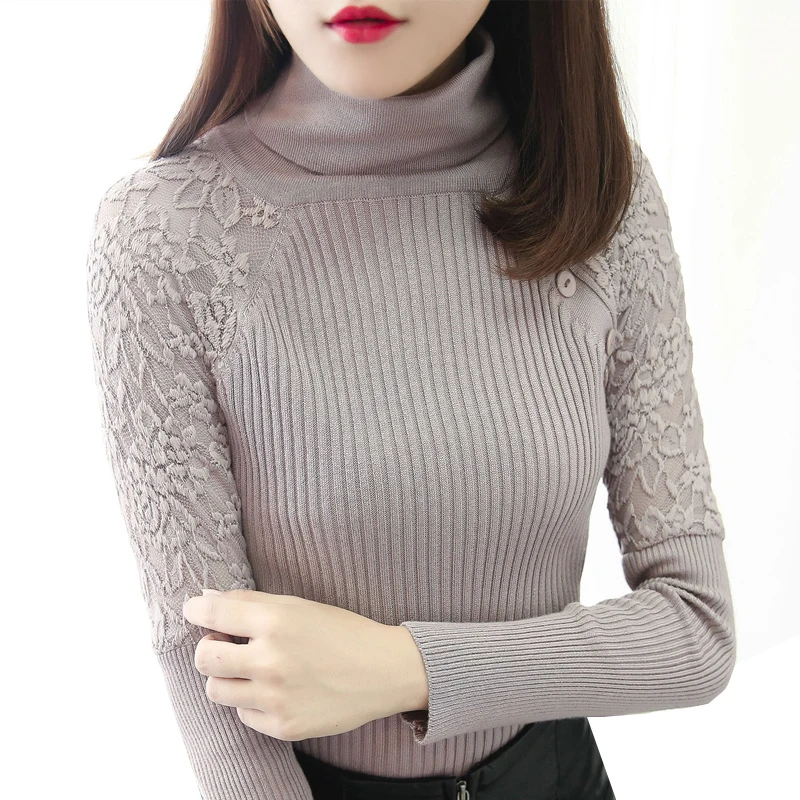 

2019 New Autumn Winter Women Turtleneck Sweater Pullover Long Sleeve Lace Stretch Knit Female Tops HK129
